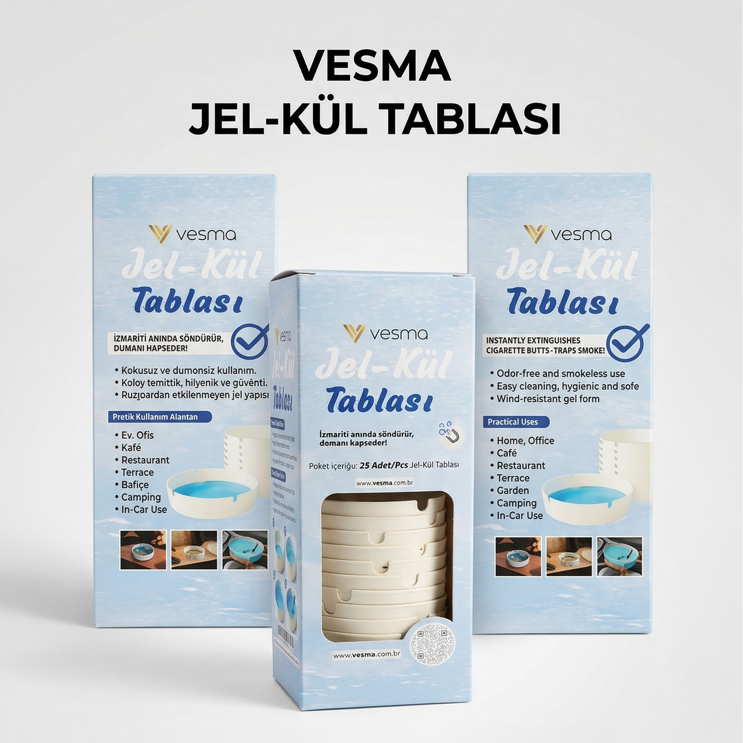 Vesma Jel Kül Tablası 25’li Set – Koku & Duman Hapseden, Rüzgara Dayanıklı Pratik Küllük